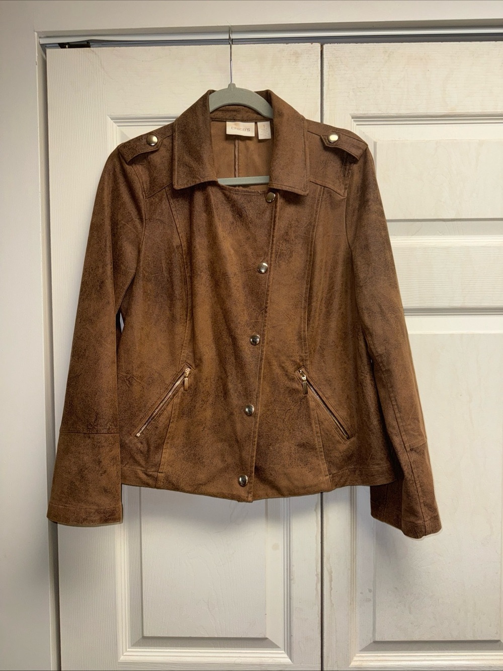 Chico’s Faux Leather Moto Jacket Brown Women’s Size 1 Snap Front